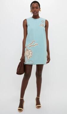Alemais Azara Blue Raffia Mini Dress Linen Shift Sleeveless Applique NWT Sz 0 XS